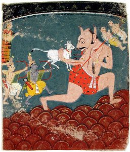 Rama and Lakshmana attack a giant demon with bow and arrow (6124574383)