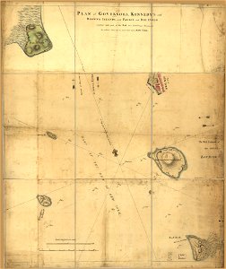 Plan of Governor's, Kennedy's, and Brown's Islands, with Paulus and Red Hook together with part of the bay and soundings shewing the position they bear to each ether (sic) and to New York. LOC 73691702
