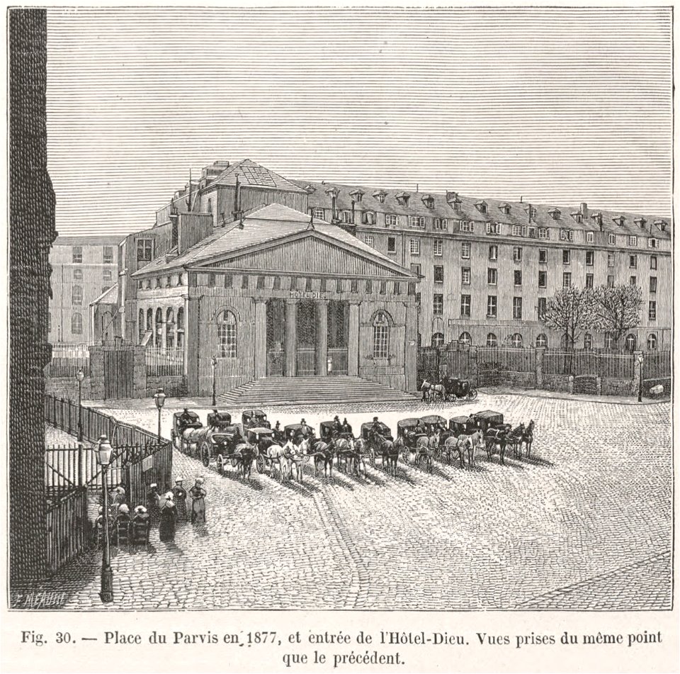 Place du Parvis en 1877, et entrée de l'Hôtel-Dieu (ancien)