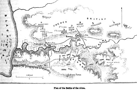 Plan of the Battle of the Alma. George Dodd. Pictorial history of the Russian war 1854-5-6. Free illustration for personal and commercial use.