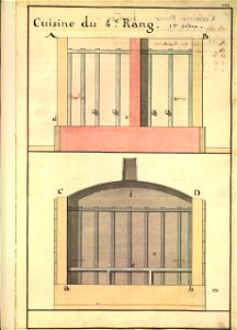 Plans en coupe de deux cuisines pour le capitaine et l'équipage sur un vaisseau de 600 hommes