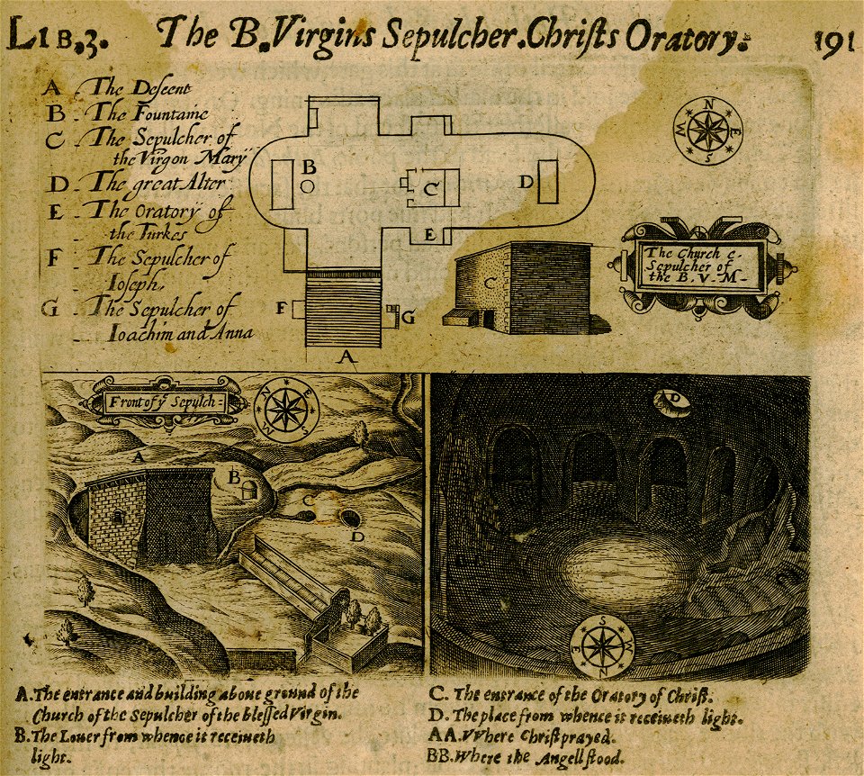 Plan, exterior and interior view of the Church of the Sepulchre of Saint Mary in Jerusalem - Sandys George - 1615