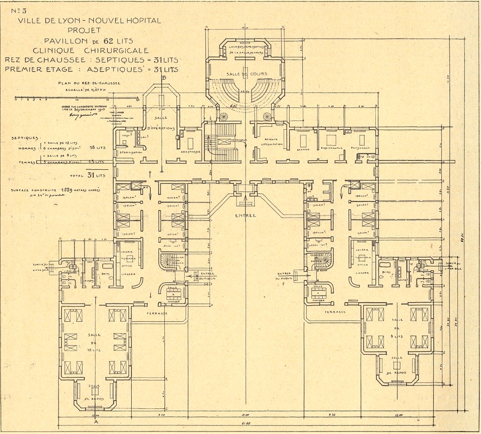 Plan du Rez-de-chaussé d'un pavillon de l'hôpital Grange Blanche