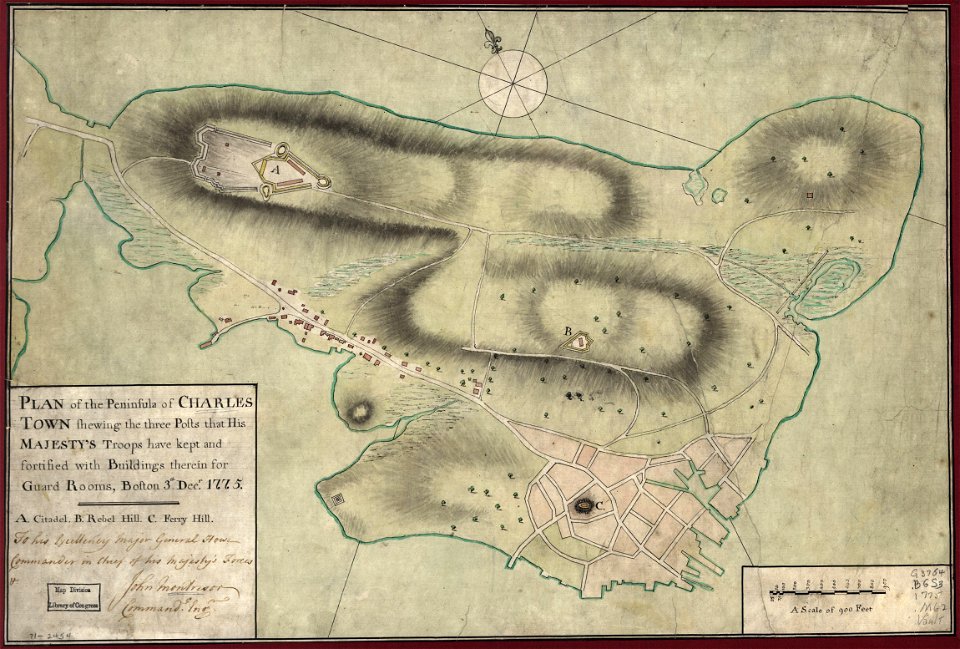 Plan of the peninsula of Charles Town shewing the three posts that His Majesty's troops have kept and fortified with buildings therein for guard rooms, Boston, 3th. (sic) Decr. 1775. To His Excellency LOC gm71002454