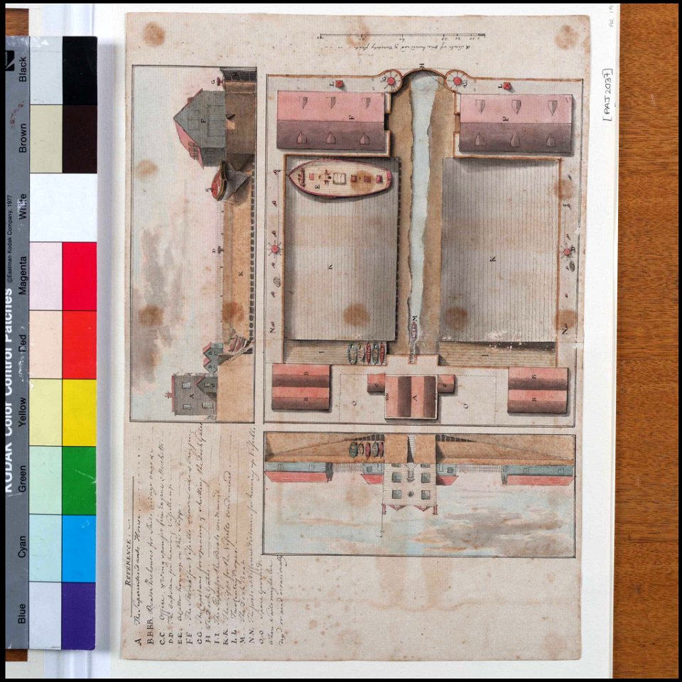 Plan and two sections of a proposed dockyard, possibly at Deal (Bray album) RMG PT2037