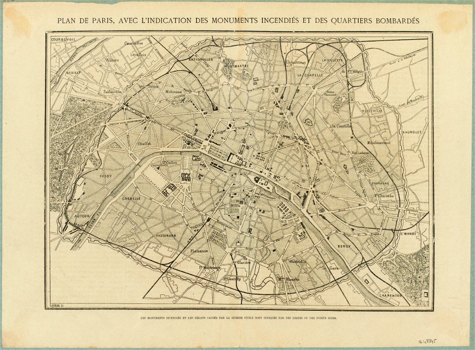 Plan de Paris, avec l'indication des monuments incendiés et des quartiers bombardés, vers 1871 - Paris Musées