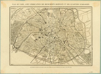 Plan de Paris, avec l'indication des monuments incendiés et des quartiers bombardés, vers 1871 - Paris Musées