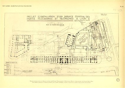 Planche 46. — Projet d’installation d’un service central des postes, télégraphes et téléphones à Lyon à l’emplacement de l’ancien Hôtel-Dieu - HD