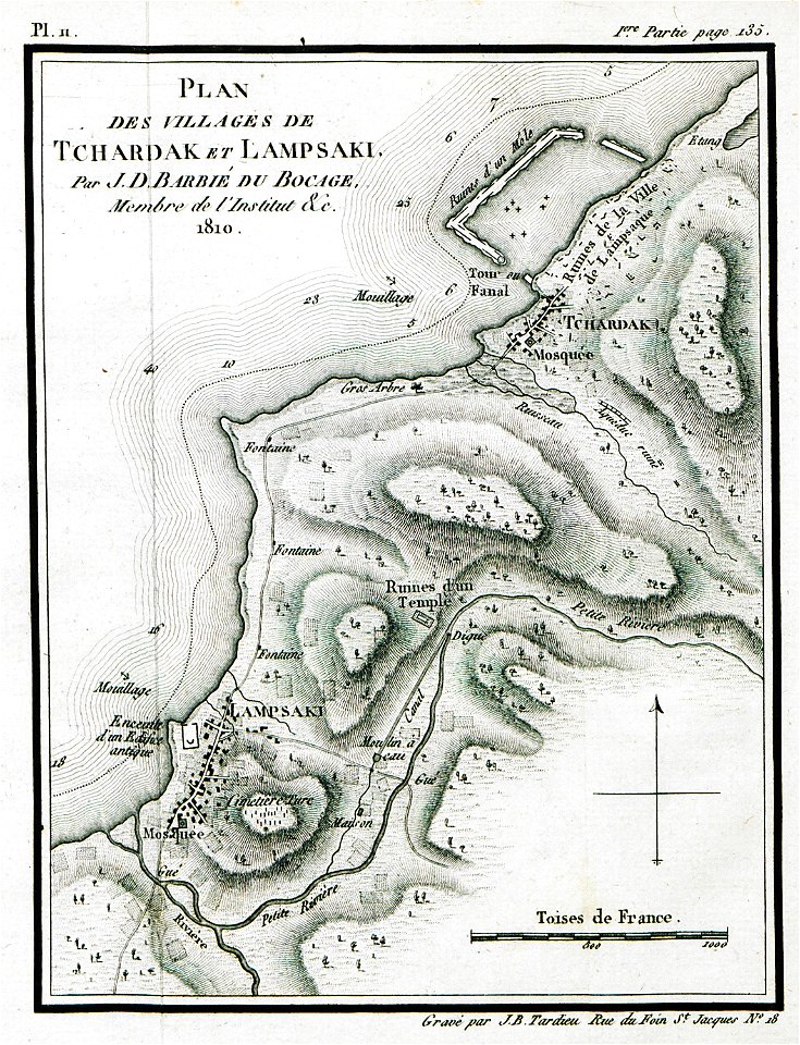 Plan des villages de Tchardak et Lampsaki Par JD Barbié du Bocage Membre de l'Institut &c 1810 - Castellan Antoine-laurent - 1811