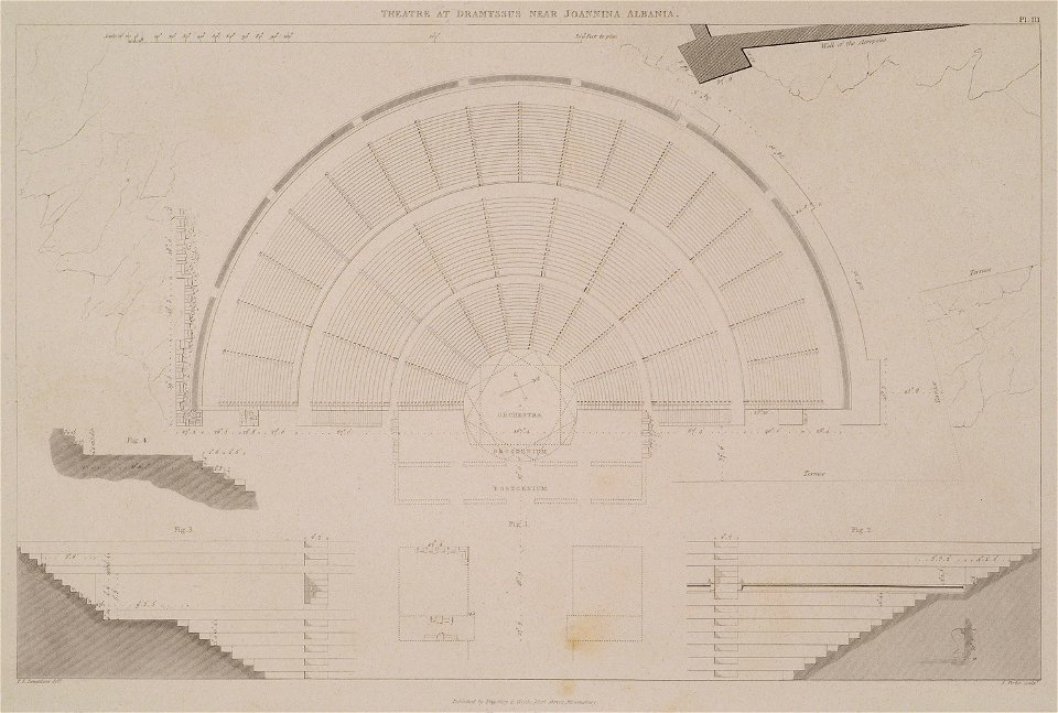 Plans and details of a theatre at Dramyssus near Ioannina Albania Fig 1- Plan of the Theatre Fig 2- Elevation and sectio - Cockerell Charles Robert Kinnard William Donaldsonthomas Leverton Jenkins William Railton William - 1830