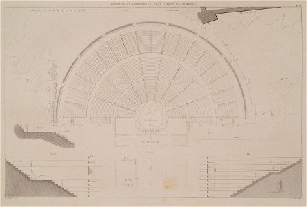 Plans and details of a theatre at Dramyssus near Ioannina Albania Fig 1- Plan of the Theatre Fig 2- Elevation and sectio - Cockerell Charles Robert Kinnard William Donaldsonthomas Leverton Jenkins William Railton William - 1830
