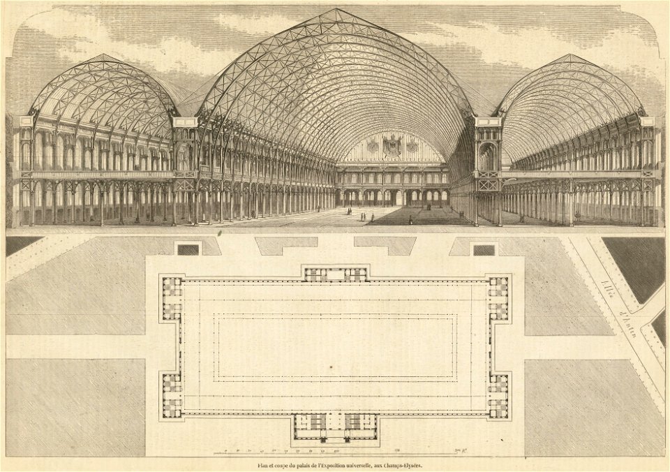 Plan et coupe du palais de l'Exposition universelle, aux Champs-Elysées