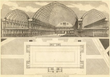 Plan et coupe du palais de l'Exposition universelle, aux Champs-Elysées. Free illustration for personal and commercial use.