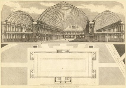 Plan et coupe du palais de l'Exposition universelle, aux Champs-Elysées