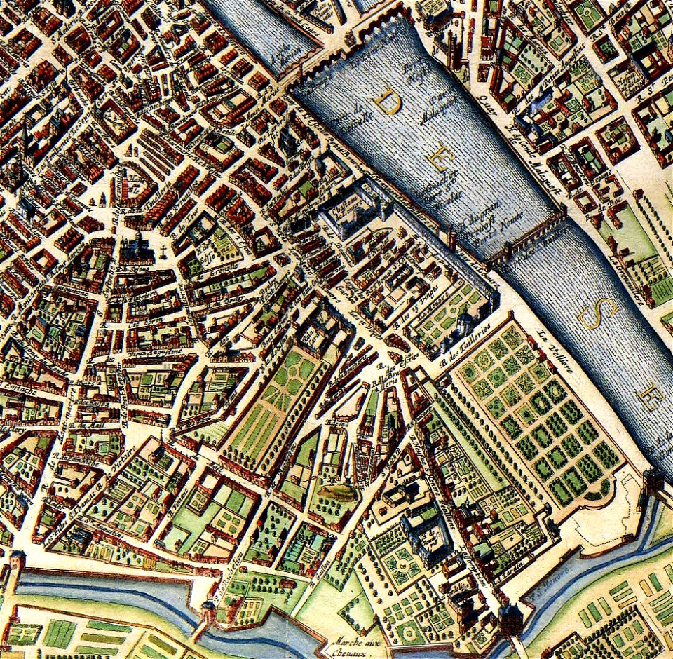 Plan de Paris de Johannes Janssonius 1657 - Les Tuileries, le palais Cardinal, le palais Mazarin, la porte de la Conférence, la porte Richelieu et la porte Montmartre