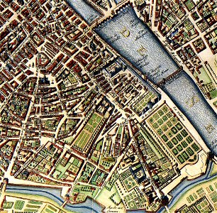Plan de Paris de Johannes Janssonius 1657 - Les Tuileries, le palais Cardinal, le palais Mazarin, la porte de la Conférence, la porte Richelieu et la porte Montmartre