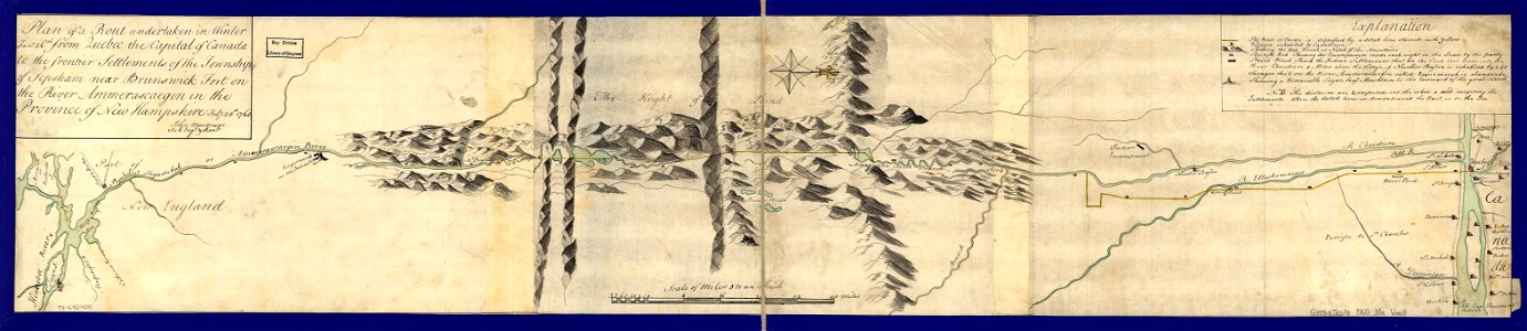 Plan of a rout undertaken in winter, Jany. 26th, from Quebec, the capital of Canada, to the frontier settlements of the Township of Topsham near Brunswick Fort on the River Ammerascaegun in the LOC 79690404