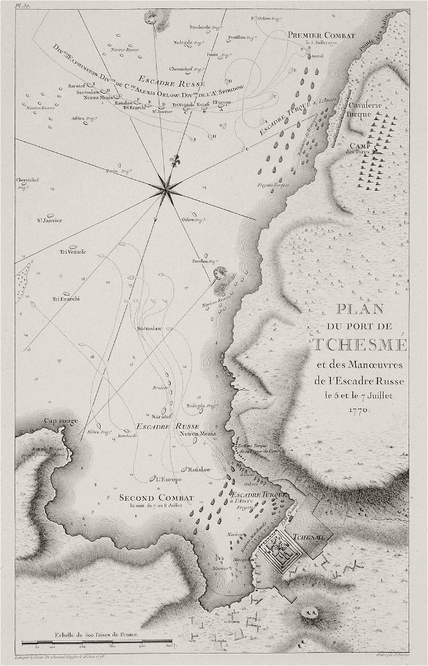 Plan du port de Tchesmé et des manoeuvres de l'escadre Russe le 5 et le 7 Juillet 1770 - Choiseul-gouffier Gabriel Florent Auguste De - 1782