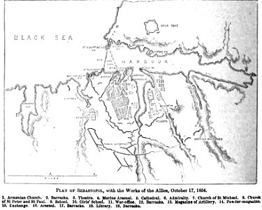 Plan of Sebastopol, with the Works of the Allies, October 17, 1854. George Dodd. Pictorial history of the Russian war 1854-5-6. Free illustration for personal and commercial use.