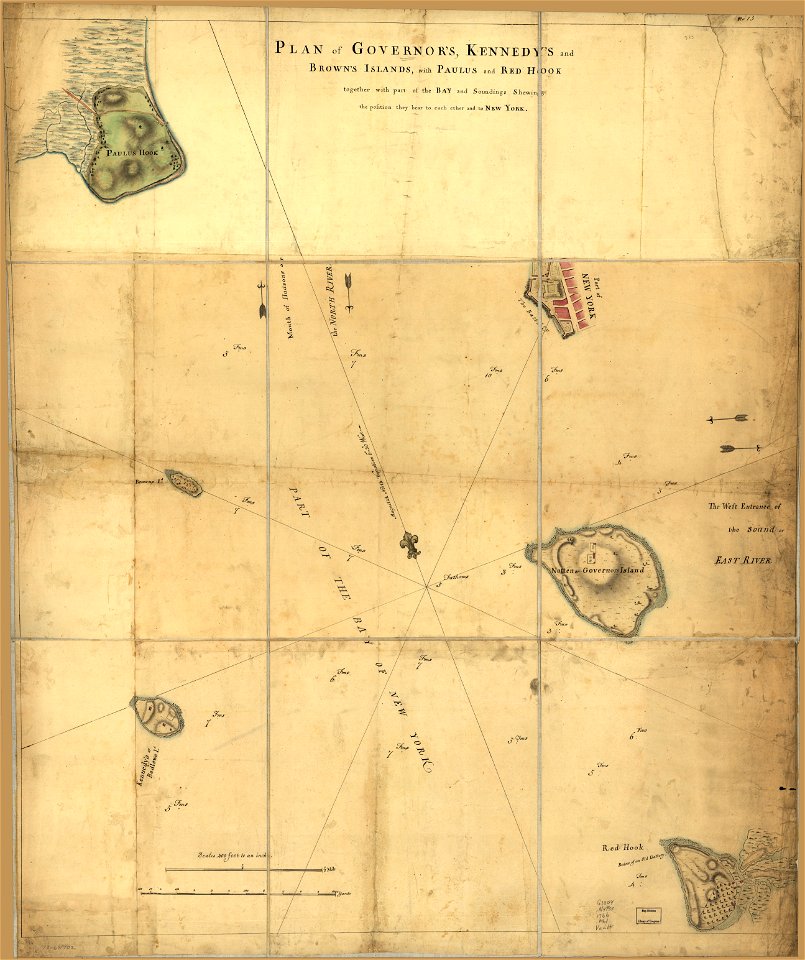 Plan of Governor's, Kennedy's, and Brown's Islands, with Paulus and Red Hook together with part of the bay and soundings shewing the position they bear to each ether (sic) and to New York. LOC 73691702