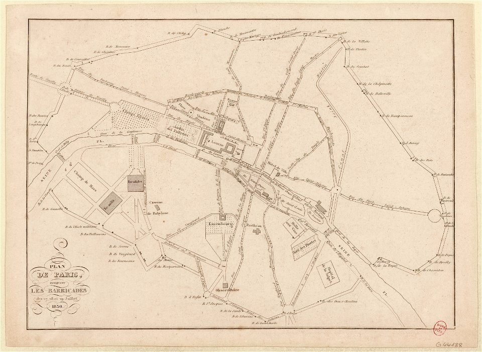 Plan de Paris, indiquant les barricades des 27, 28 et 29 juillet 1830 - Paris Musées