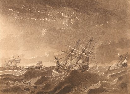 Plate IV. A View of the Sea on the Morning after the Storm, with the distressed situation of the Centaur, Ville de Paris and the Glorieux as seen from the Lady Juliana, the Ville de Paris passing to Windward under RMG PY8434 (cropped)