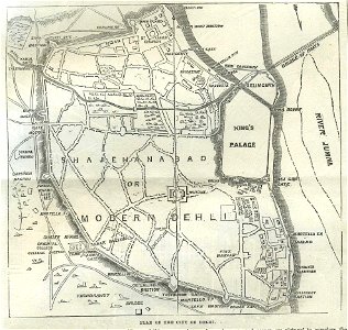 Plan of the city of Delhi, from the Illustrated London News, 1857. Free illustration for personal and commercial use.