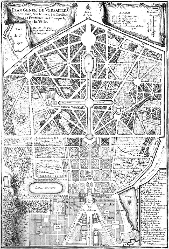 Plan général de Versailles, son parc, son Louvre, ses jardins, ses fontaines, ses bosquets et sa ville par N de Fer 1700 - Gallica 2012 (adjusted)