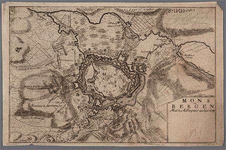 Plattegrond Mons of Bergen met de attaques 25 sept 1709, objectnr A 14206
