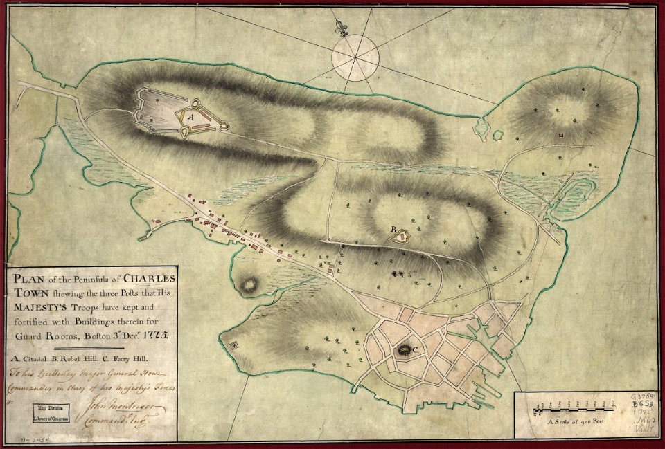 Plan of the peninsula of Charles Town shewing the three posts that His Majesty's troops have kept and fortified with buildings therein for guard rooms, Boston, 3th. (sic) Decr. 1775. To His Excellency LOC gm71002454