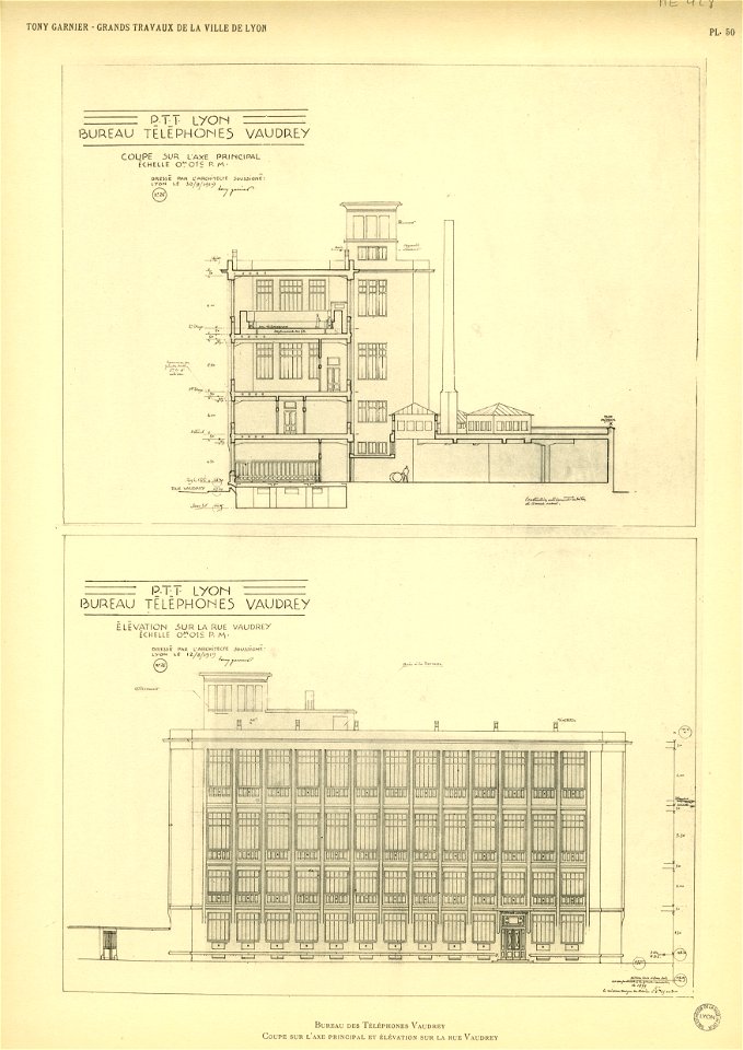 Planche 50. — Bureau des téléphones rue Vaudrey, coupe et élévation