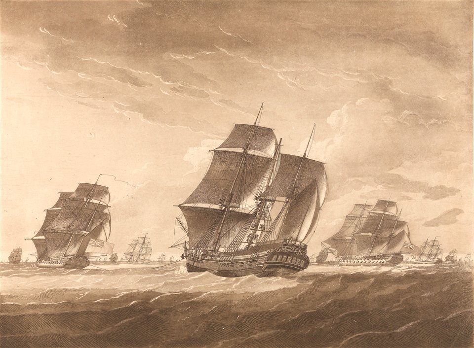 Plate II. The Lady Juliana in tow of the Pallas Frigate. The Sailors Fishing the main Mast which was shatter'd by Lightning RMG PY8432 (cropped)