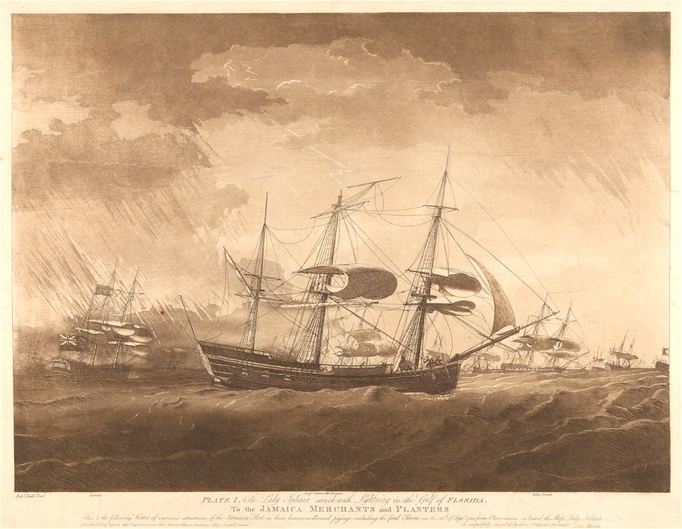 Plate I. The Lady Juliana struck with Lightning in the Gulf of Florida - 16th Septr 1782 RMG PY8431