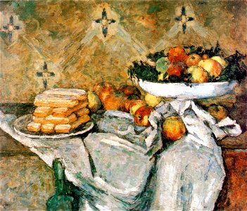 Plate with fruits and sponger fingers, by Paul Cézanne. Free illustration for personal and commercial use.