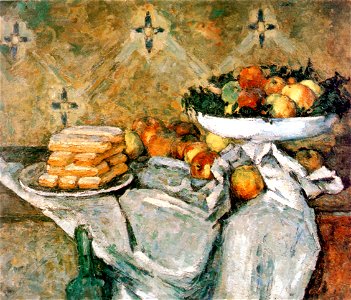 Plate with fruits and sponger fingers, by Paul Cézanne