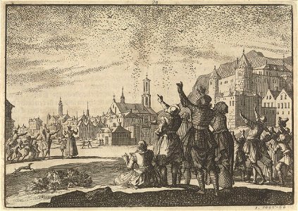 Plein te Cork waar de bewoners kijken naar de duizenden spreeuwen in de lucht, 1621