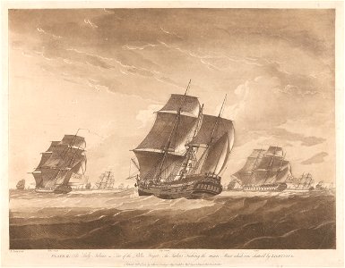 Plate II. The Lady Juliana in tow of the Pallas Frigate. The Sailors Fishing the main Mast which was shatter'd by Lightning RMG PY8432