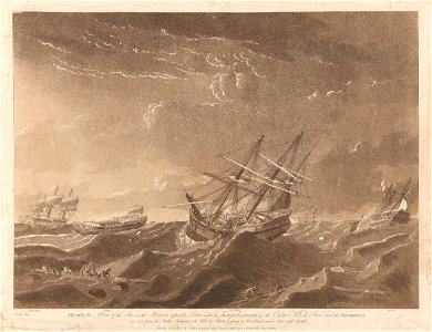 Plate IV. A View of the Sea on the Morning after the Storm, with the distressed situation of the Centaur, Ville de Paris and the Glorieux as seen from the Lady Juliana, the Ville de Paris passing to Windward under RMG PY8434