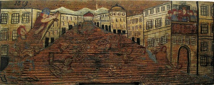 Poboj nedolžnih otrok, poslikana panjska končnica, les, 1869