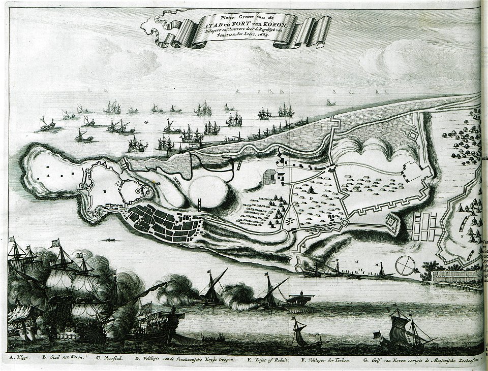 Platte Gront van de Stad en Fort van Koron, Belegert en verovert door de Republik van Venetien des Iaers 1685 - Dapper Olfert - 1688