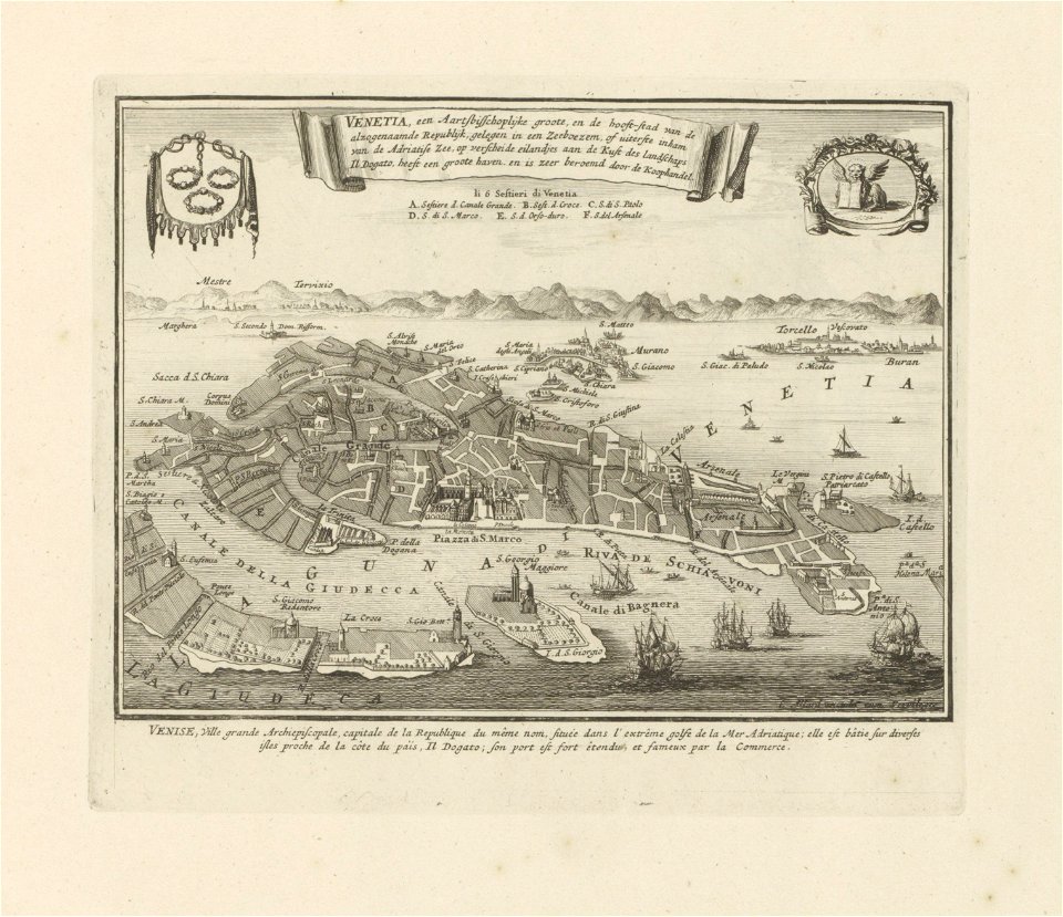 Plattegrond van Venetië Venetia, een aartsbisschoplijke groote, en de hooft-stad van de alzogenaamde Republijk (..) (titel op object) Les Principales Forteresses & Villes Fortes, d'Espagne, de France, d'Italie, de Savo, RP-P-2015-62-18