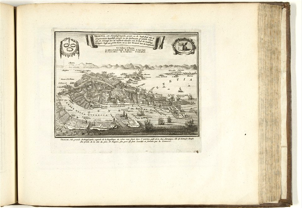 Plattegrond van Venetië, 1726 Venetia, een Aartsbisschoplijke groote, en de hooft-stad van de alzogenaamde Republijk (titel op object) Les Forces de l'Europe, Asie, Afrique et Amerique Comme aussi l, RP-P-OB-83.036-136