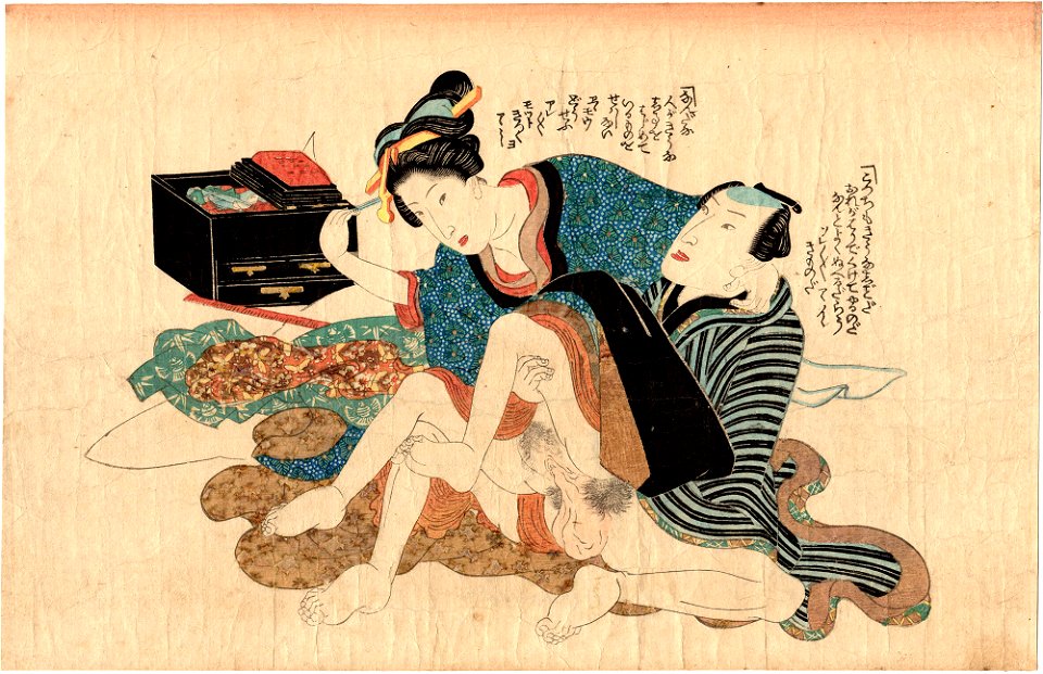 Plum of the Sleeve, Needlework - shunga by Utagawa Kuniyoshi