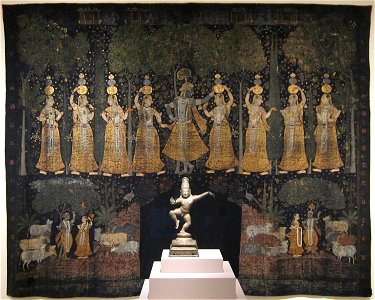 Playful Gifts and other Gopi Scenes, 'pichwai' from Golconda, India, late 17th century, dyed cotton with polychrome and gold, Honolulu Academy of Arts