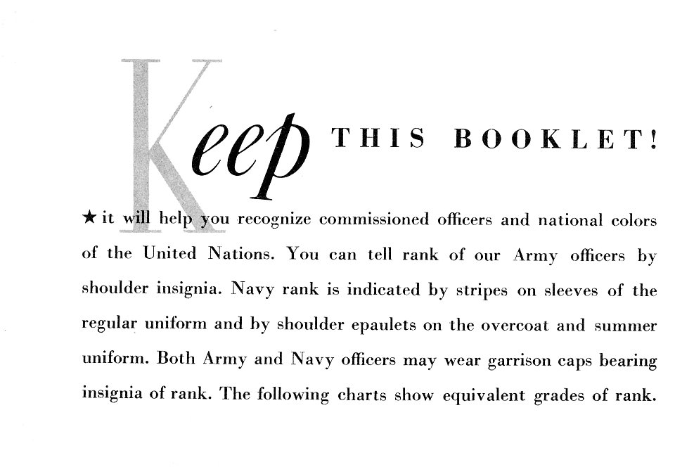 Pocket Guide of Uniform Insignia 1943 01 KEEP THIS BOOKLET United Nations rank insignia (Prepared by United States Army) Author uncredited No known copyright Archive.org