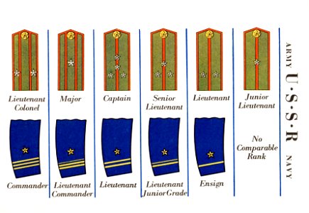 Pocket Guide of Uniform Insignia 1943 12 USSR SOVIET UNION ARMY Shoulder straps NAVY Sleeve cuff stripes United Nations rank insignia (Prepared by United States Army) Author uncredited No known copyright Archive.org. Free illustration for personal and commercial use.