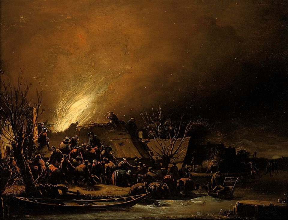 Egbert van der Poel - A fire in a village at night (1659)