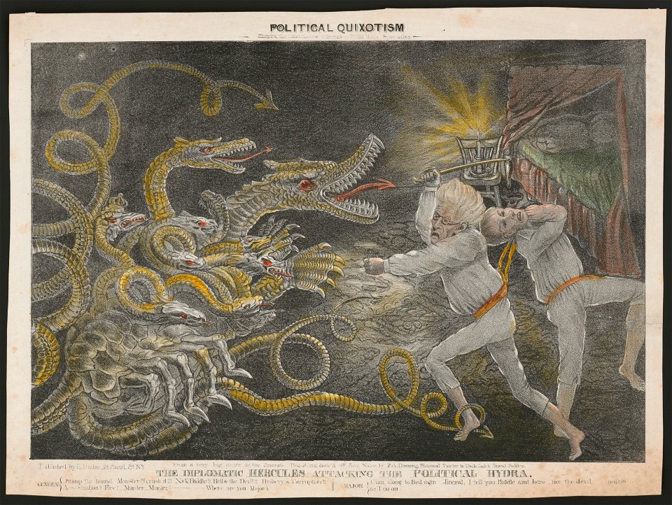 Political Quixotism shewing the consequences of sleeping in patent magic spectacles The diplomatic Hercules, attacking the poitical hydra - - from a very big picter in the Jinerals Bed-Room, LCCN2010634733