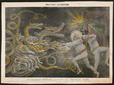 Political Quixotism shewing the consequences of sleeping in patent magic spectacles The diplomatic Hercules, attacking the poitical hydra - - from a very big picter in the Jinerals Bed-Room, LCCN2010634733