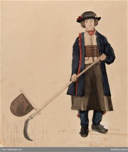 Pojke i Rättviksdräkt med lie. Akvarell av P.Södermark - Nordiska museet - NMA.0070058. Free illustration for personal and commercial use.